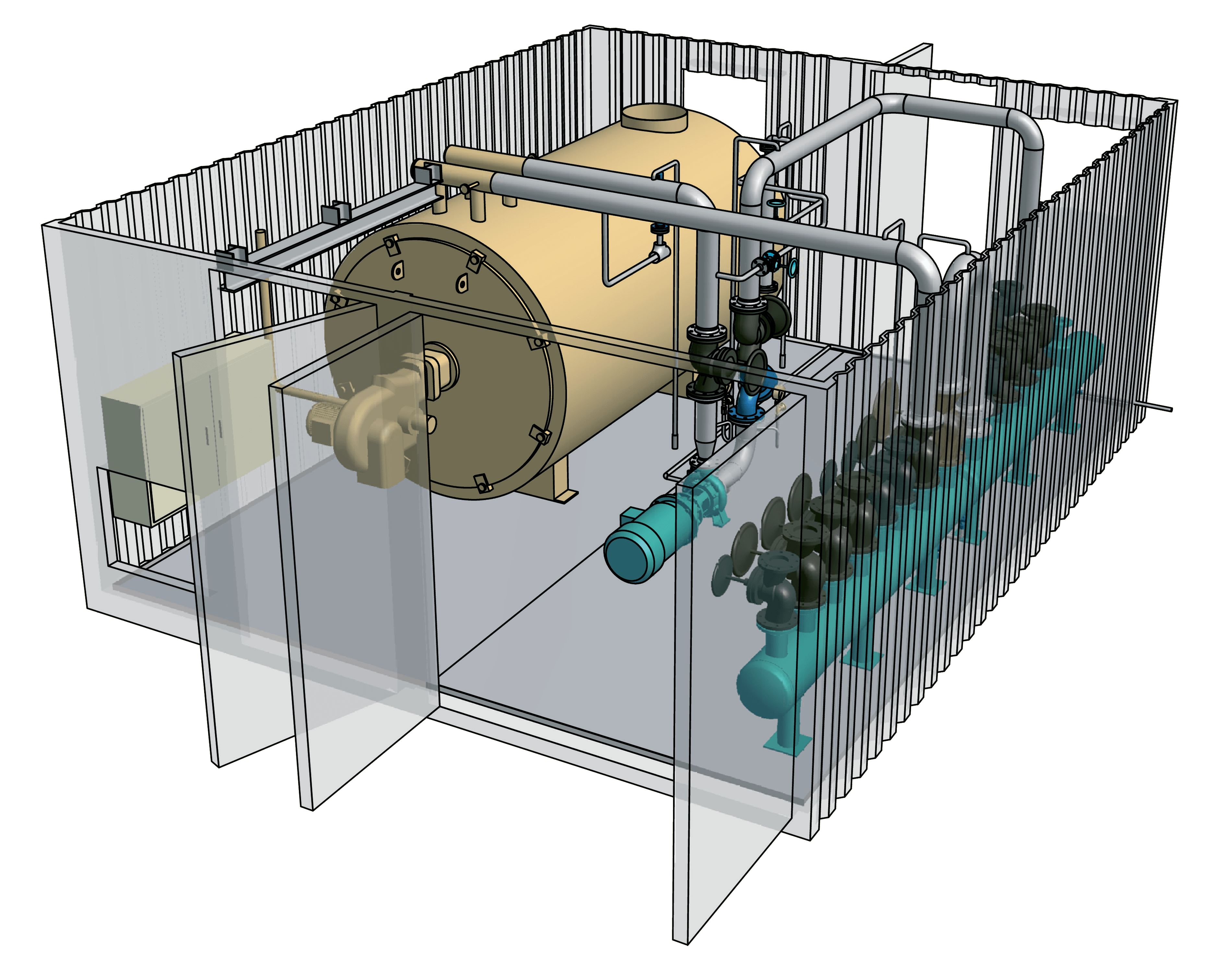 A 3D Model of a thermal oil heater inside a container building